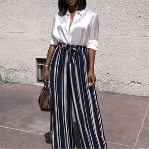Nautical Stripe Flowy Palazzo Pants High-Waisted Wide-Leg with Side Slits Size S